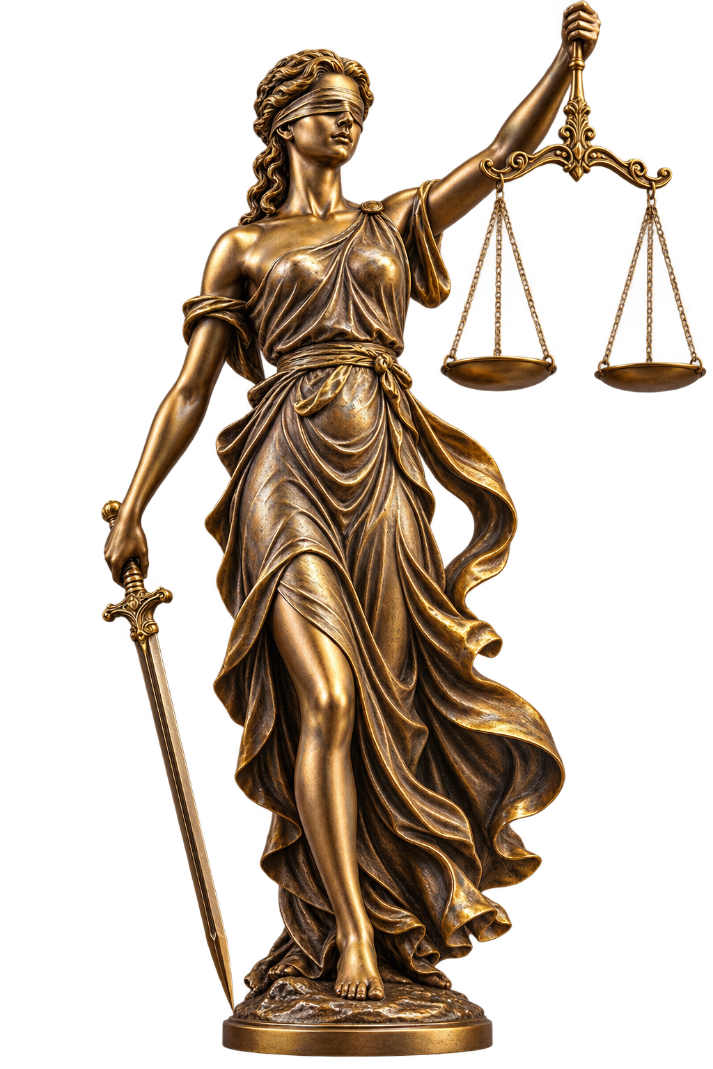 Bronze Lady Justice holding balanced scales and a sword